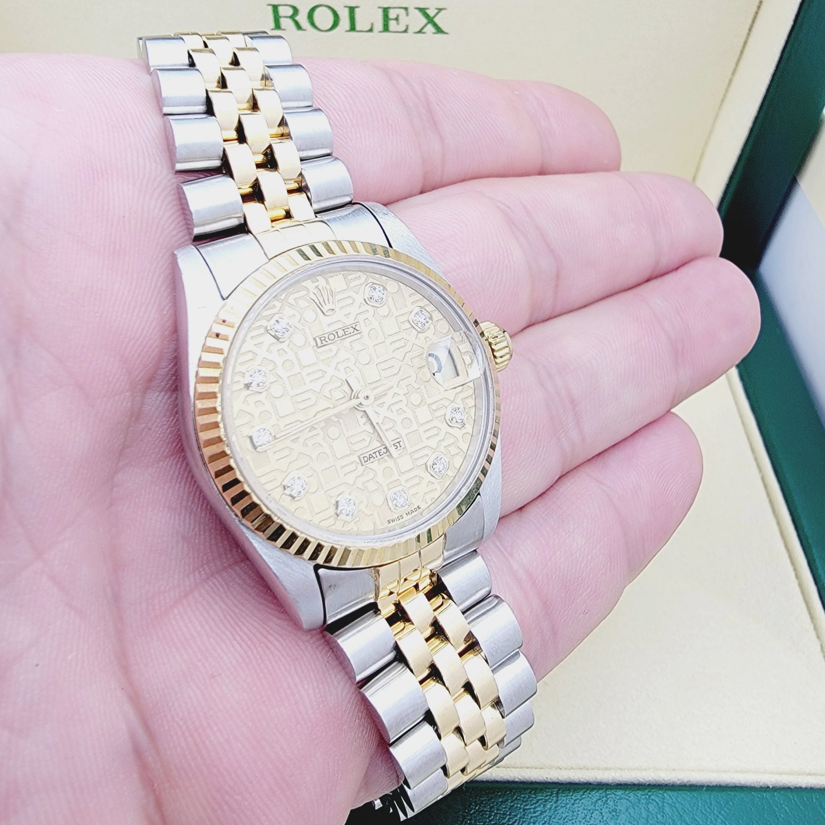 Ladies Rolex Midsize 31mm DateJust Two Tone 18K Yellow Gold / Stainless Steel Wristwatch w/ Hologram Diamond Dial & Fluted Bezel. (Pre-Owned 68273)
