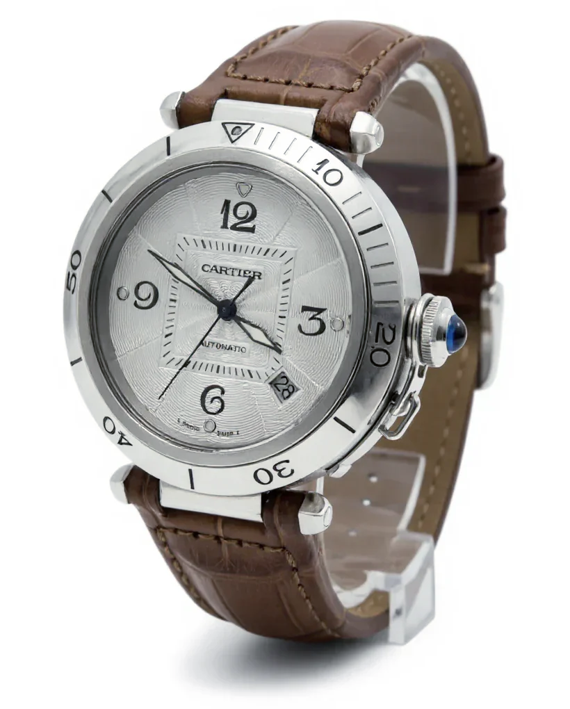 Cartier De Pasha 38mm Arabic Numeral Automatic Watch with Brown Leather Strap and Light Silver Dial. (Pre-Owned)