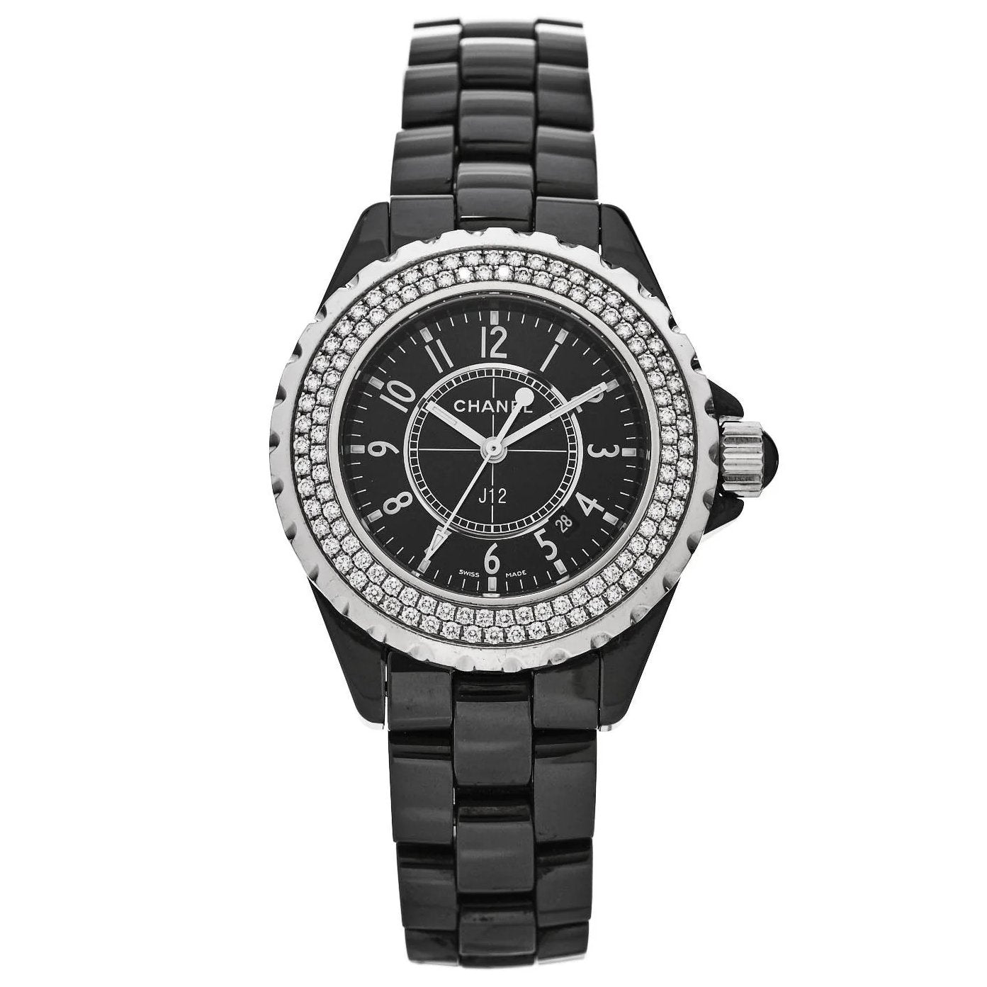 Ladies Chanel J12 - 33mm Black Ceramic Band Watch with High Precision Quartz Movement and Diamond Bezel. (Pre-Owned J12)