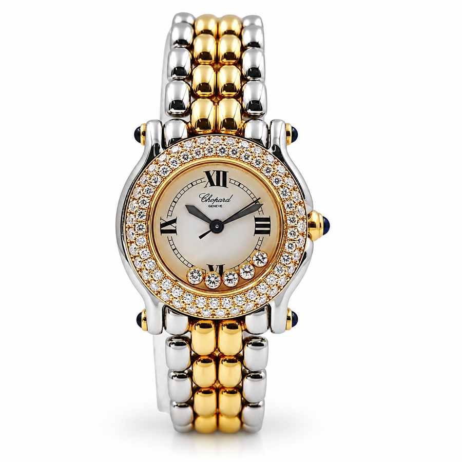 *Ladies Chopard 26mm Happy Sport Five Diamond 18K Yellow Gold / Stainless Steel Watch with White Dial and Diamond Bezel. (Pre-Owned 27/8251-23)