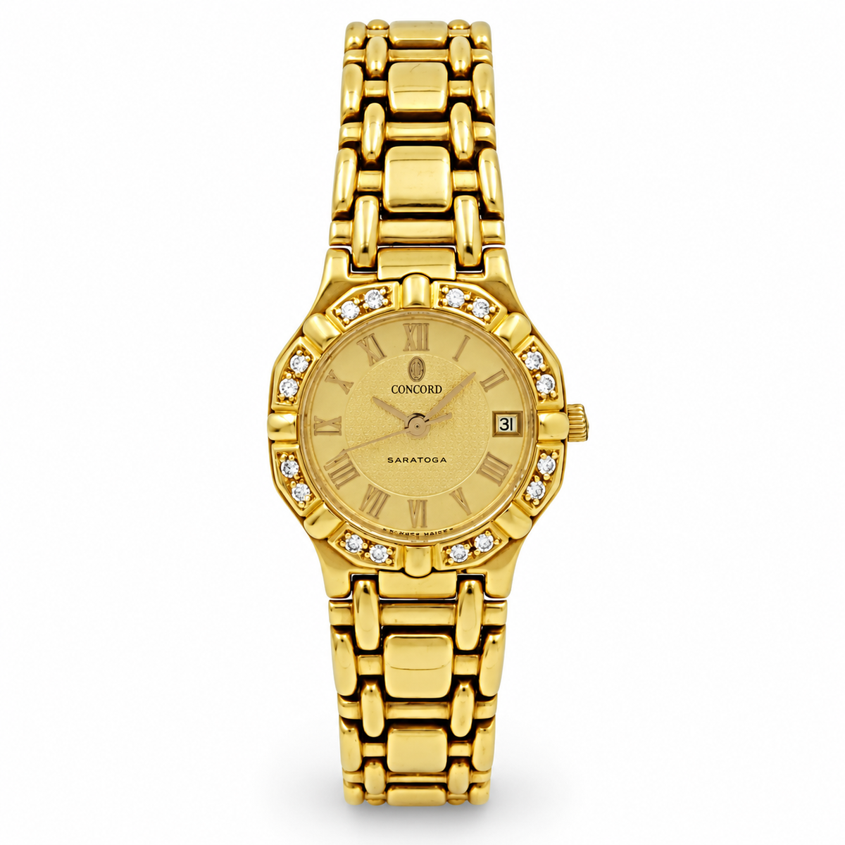 Ladies Concord Saratoga 24mm Solid 18K Yellow Gold Watch with Roman Numeral Gold Dial and Diamond Bezel. (Pre-Owned)