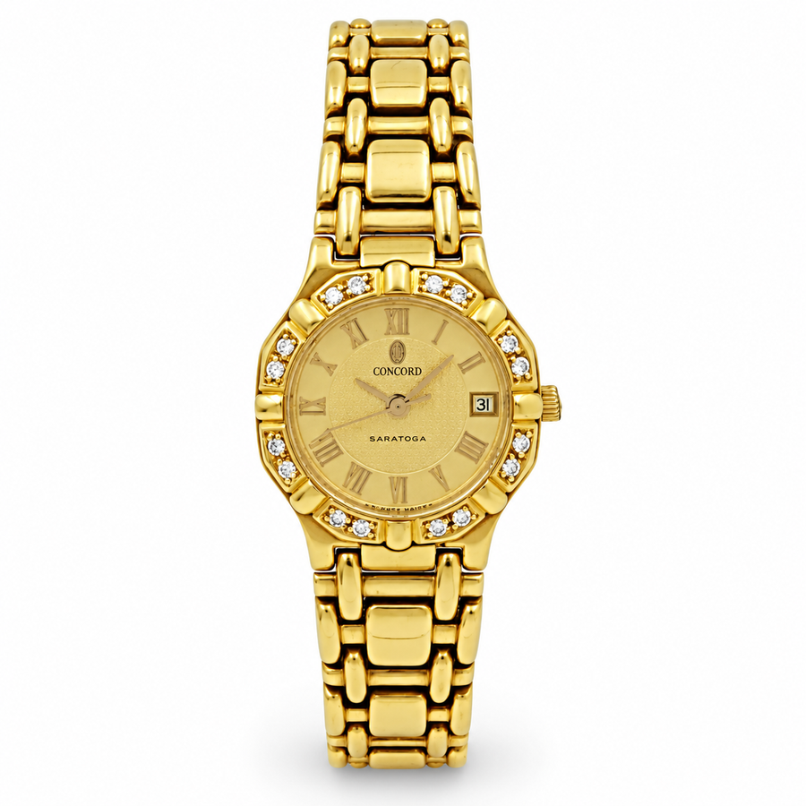 Ladies Concord Saratoga 24mm Solid 18K Yellow Gold Watch with Roman Numeral Gold Dial and Diamond Bezel. (Pre-Owned)