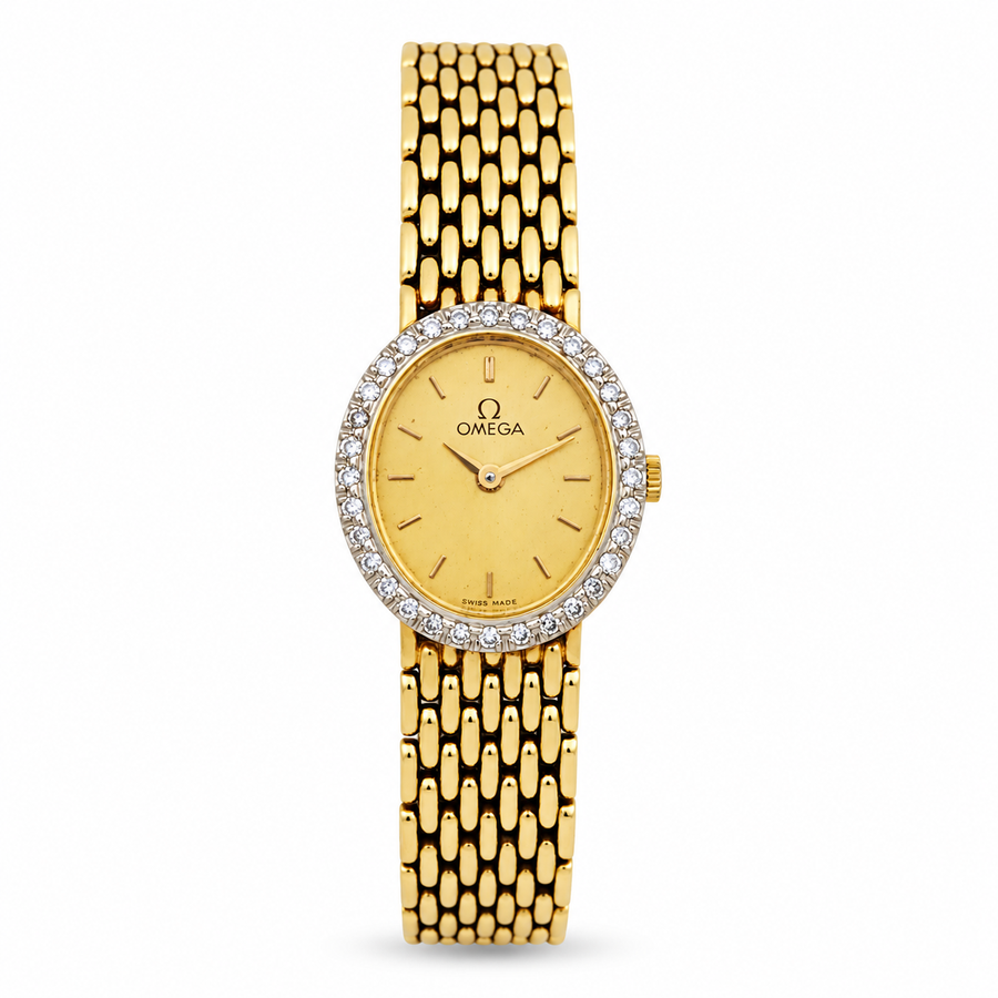 Ladies Omega 18mm Vintage 14K Yellow Gold Watch with Gold Dial and Diamond Bezel. (Pre-Owned)
