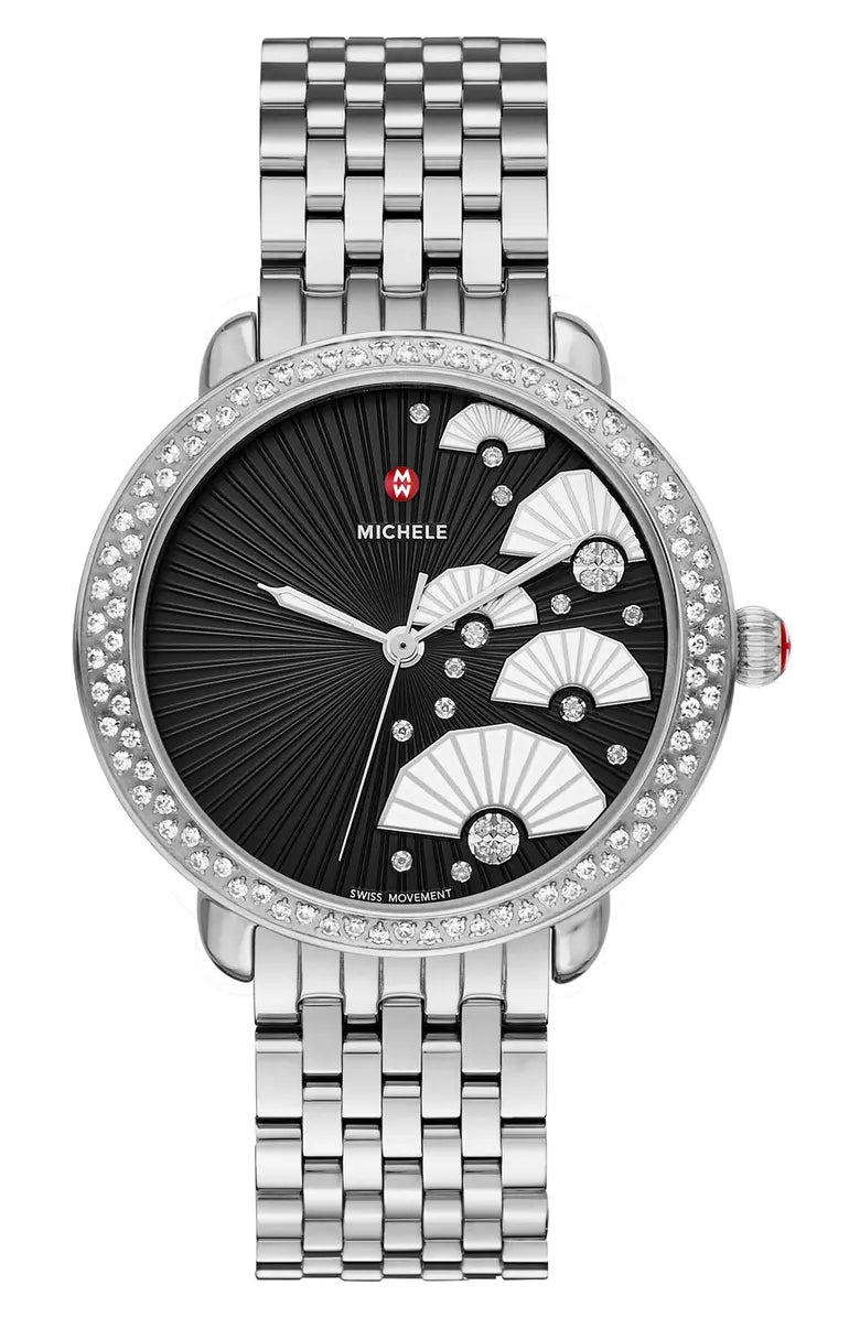 *Ladies Michele Serein 36mm Stainless Steel / White Leather Watch with Black Diamond Fan Dial and Diamond Bezel. (NEW)