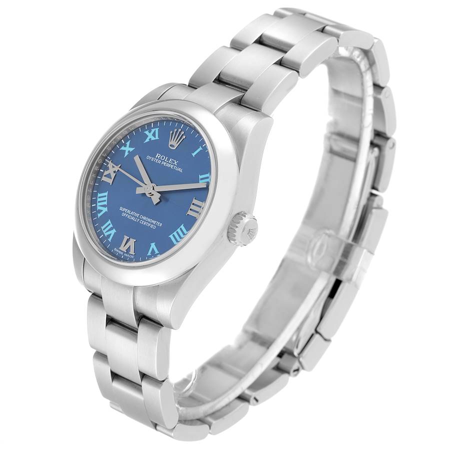 Ladies Midsize Rolex 31mm Oyster Perpetual Stainless Steel Watch with Blue Roman Numeral Dial and Smooth Bezel. (Pre-Owned 177200)