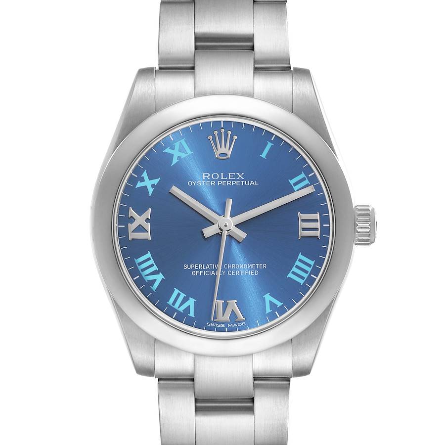 Ladies Midsize Rolex 31mm Oyster Perpetual Stainless Steel Wristwatch w/ Blue Roman Numeral Dial & Smooth Bezel. (Pre-Owned 177200)