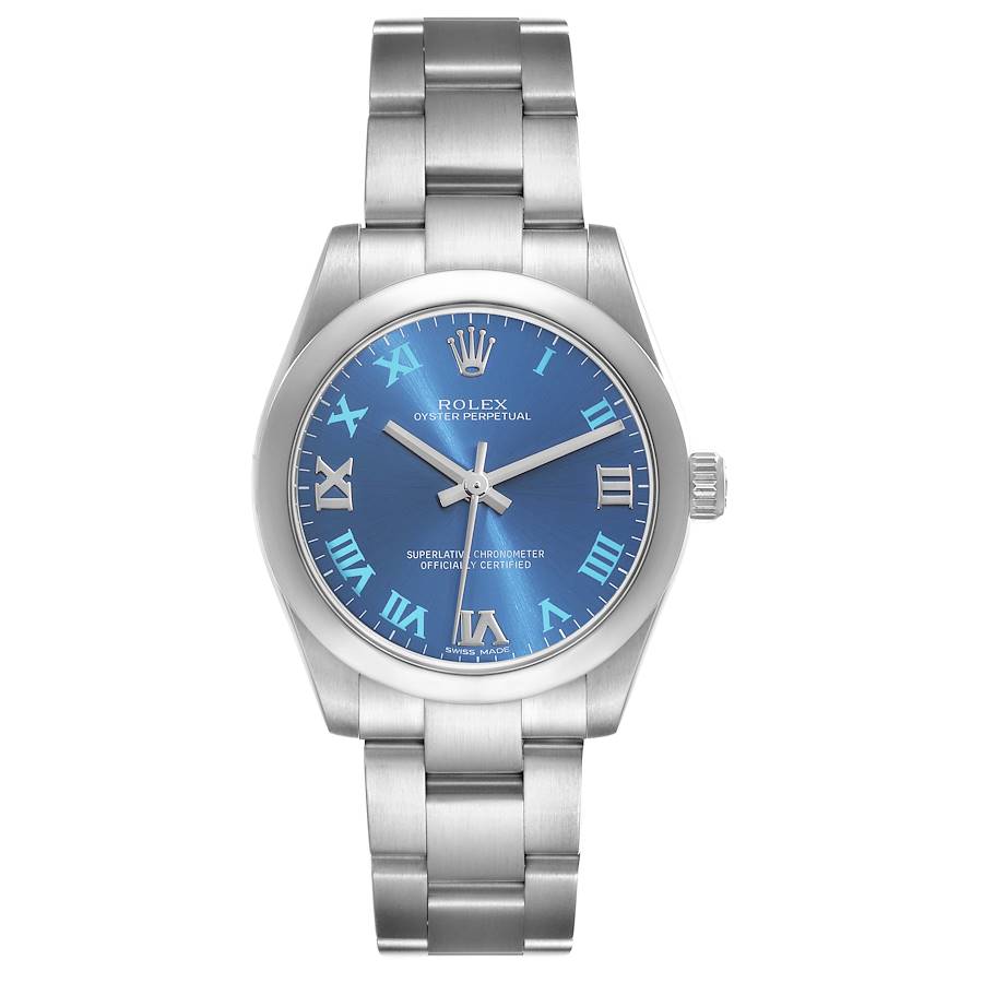 Ladies Midsize Rolex 31mm Oyster Perpetual Stainless Steel Watch with Blue Roman Numeral Dial and Smooth Bezel. (Pre-Owned 177200)