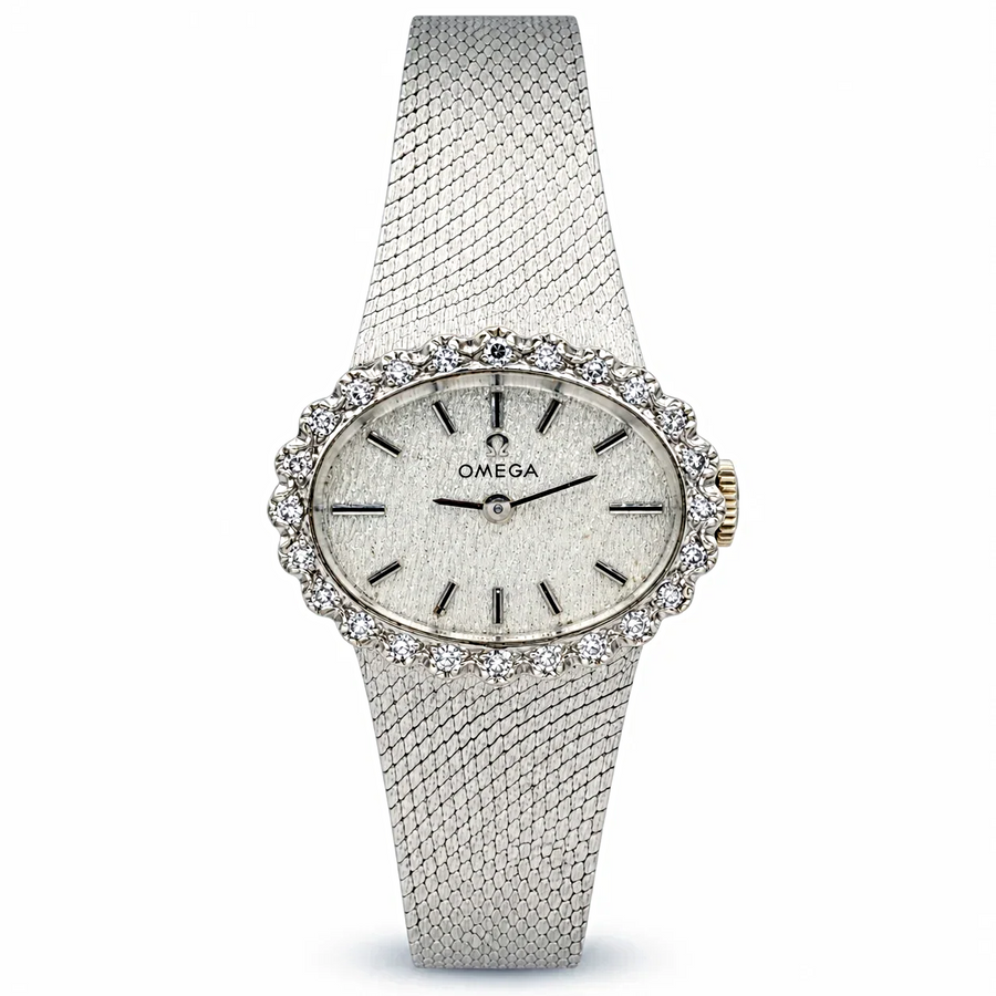 Ladies Omega 18mm x 22mm Vintage 14K White Gold Watch with Silver Oval Dial and Diamond Bezel. (Pre-Owned)