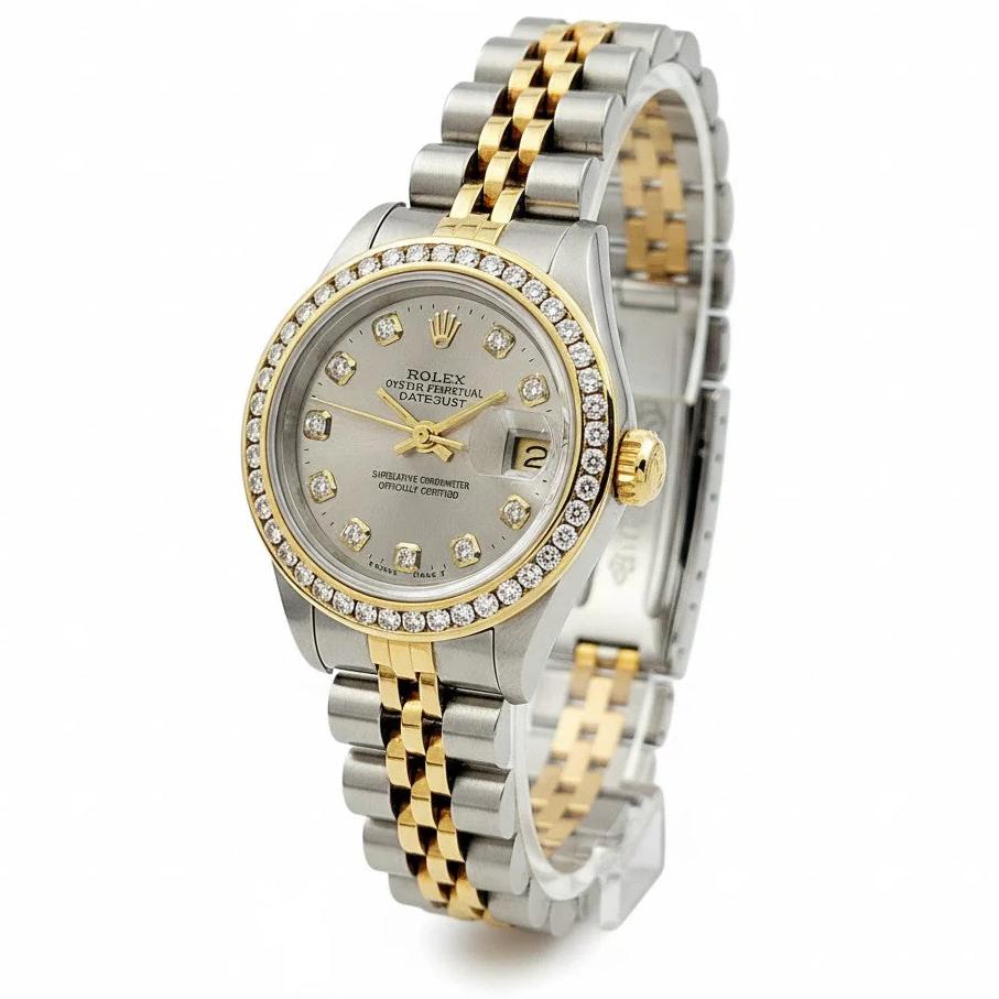 *Ladies Rolex 26mm Datejust 18K Yellow Gold / Stainless Steel Two Tone Watch with Silver Diamond Dial and Diamond Bezel. (Pre-Owned Box/Paper 69173)