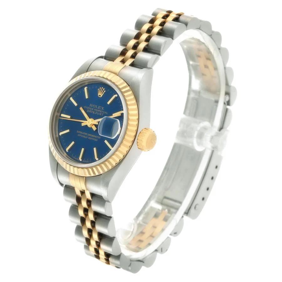 Ladies Rolex 26mm Datejust Two Tone 18K Yellow Gold / Stainless Steel Watch with Blue Dial and Fluted Bezel. (UNWORN 69173)