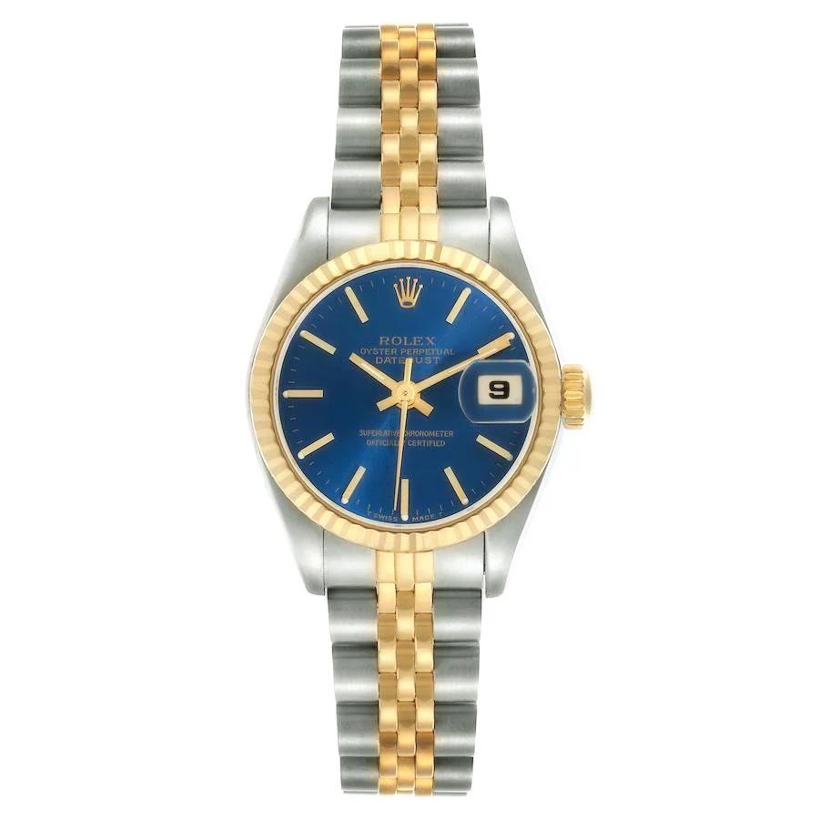 Ladies Rolex 26mm Datejust Two Tone 18K Yellow Gold / Stainless Steel Watch with Blue Dial and Fluted Bezel. (UNWORN 69173)