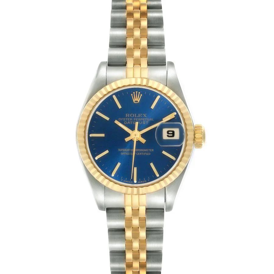 Ladies Rolex 26mm Datejust Two Tone 18K Yellow Gold / Stainless Steel Watch with Blue Dial and Fluted Bezel. (UNWORN 69173)