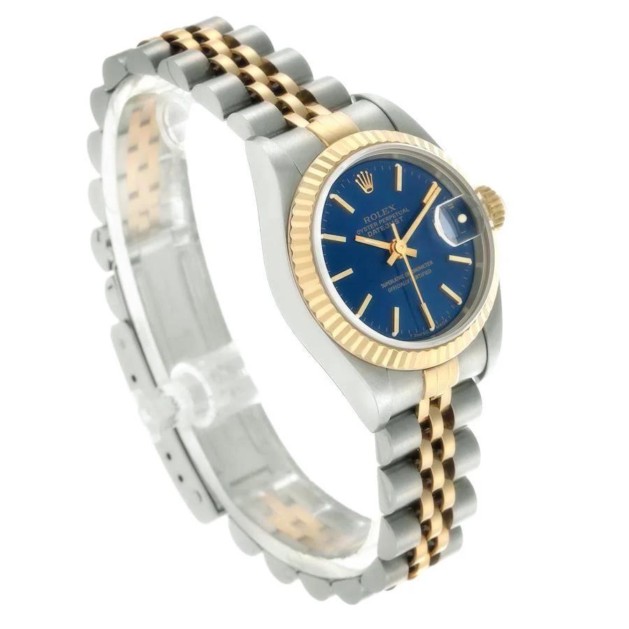 Ladies Rolex 26mm Datejust Two Tone 18K Yellow Gold / Stainless Steel Watch with Blue Dial and Fluted Bezel. (UNWORN 69173)