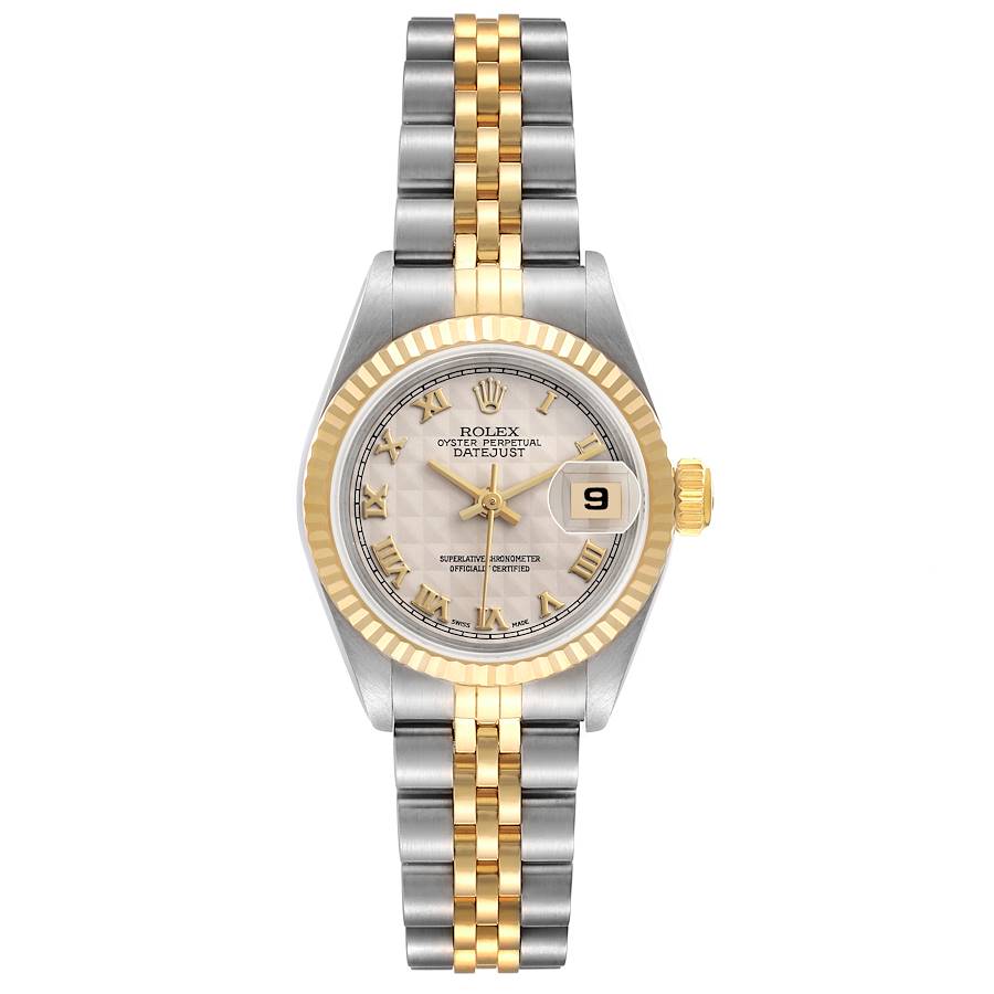 Ladies Rolex 26mm Datejust Two Tone 18K Yellow Gold / Stainless Steel Watch with Ivory Pyramid Dial and Fluted Bezel. (UNWORN 69173)