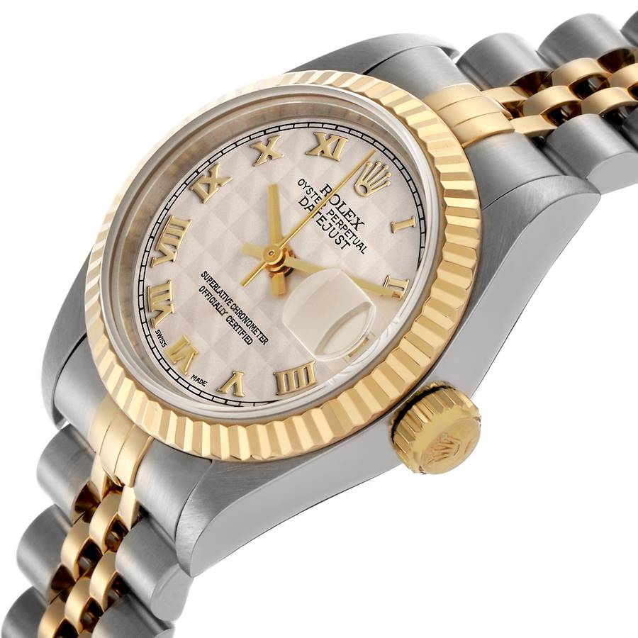 Ladies Rolex 26mm Datejust Two Tone 18K Yellow Gold / Stainless Steel Watch with Ivory Pyramid Dial and Fluted Bezel. (UNWORN 69173)