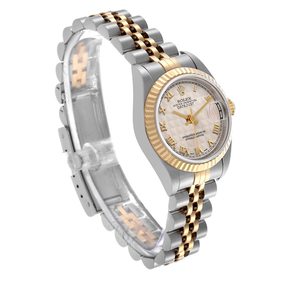 Ladies Rolex 26mm Datejust Two Tone 18K Yellow Gold / Stainless Steel Watch with Ivory Pyramid Dial and Fluted Bezel. (UNWORN 69173)