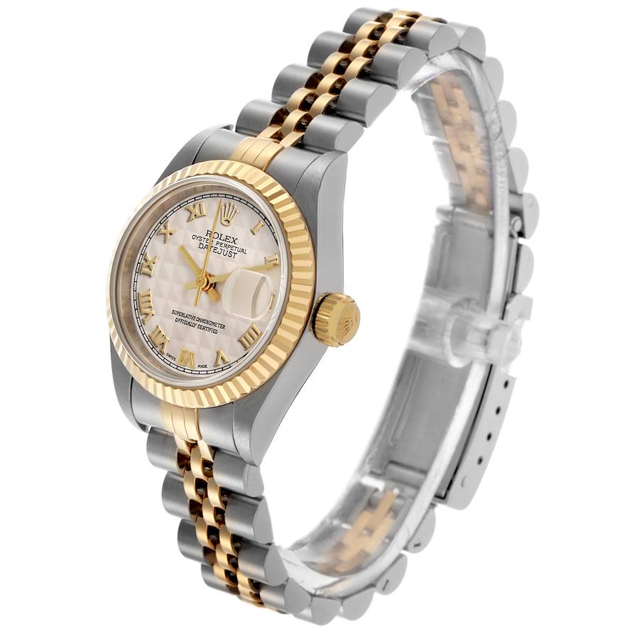 Ladies Rolex 26mm Datejust Two Tone 18K Yellow Gold / Stainless Steel Watch with Ivory Pyramid Dial and Fluted Bezel. (UNWORN 69173)