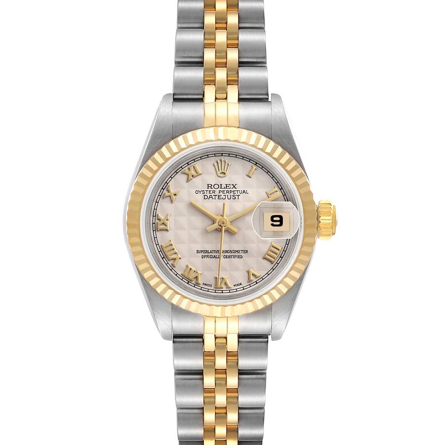 Ladies Rolex 26mm Datejust Two Tone 18K Yellow Gold / Stainless Steel Watch with Ivory Pyramid Dial and Fluted Bezel. (UNWORN 69173)