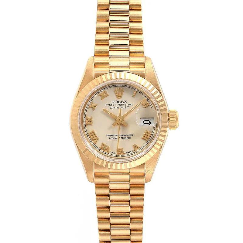 Ladies Rolex 26mm Presidential 18K Solid Yellow Gold Watch with Cream Dial and Fluted Bezel. (Pre-Owned 69178)