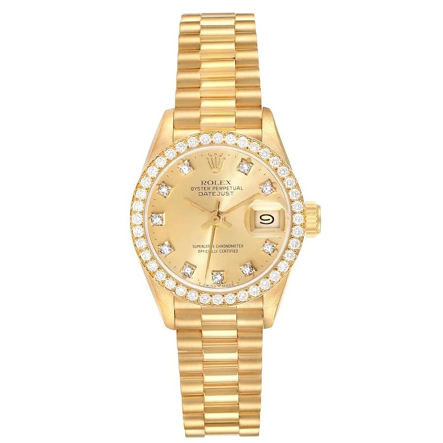 Ladies Rolex 26mm Presidential 18K Solid Yellow Gold Watch with Gold Diamond Dial and Diamond Bezel. (Pre-Owned 69138)