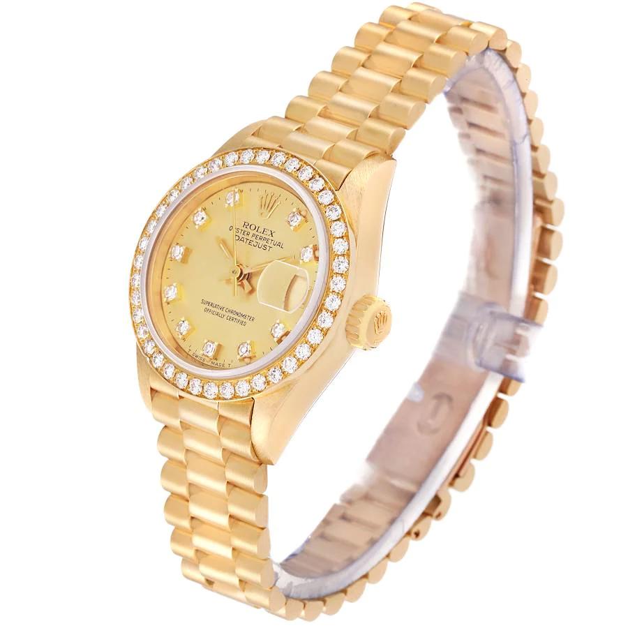 Ladies Rolex 26mm Presidential 18K Solid Yellow Gold Watch with Gold Diamond Dial and Diamond Bezel. (Pre-Owned 69138)