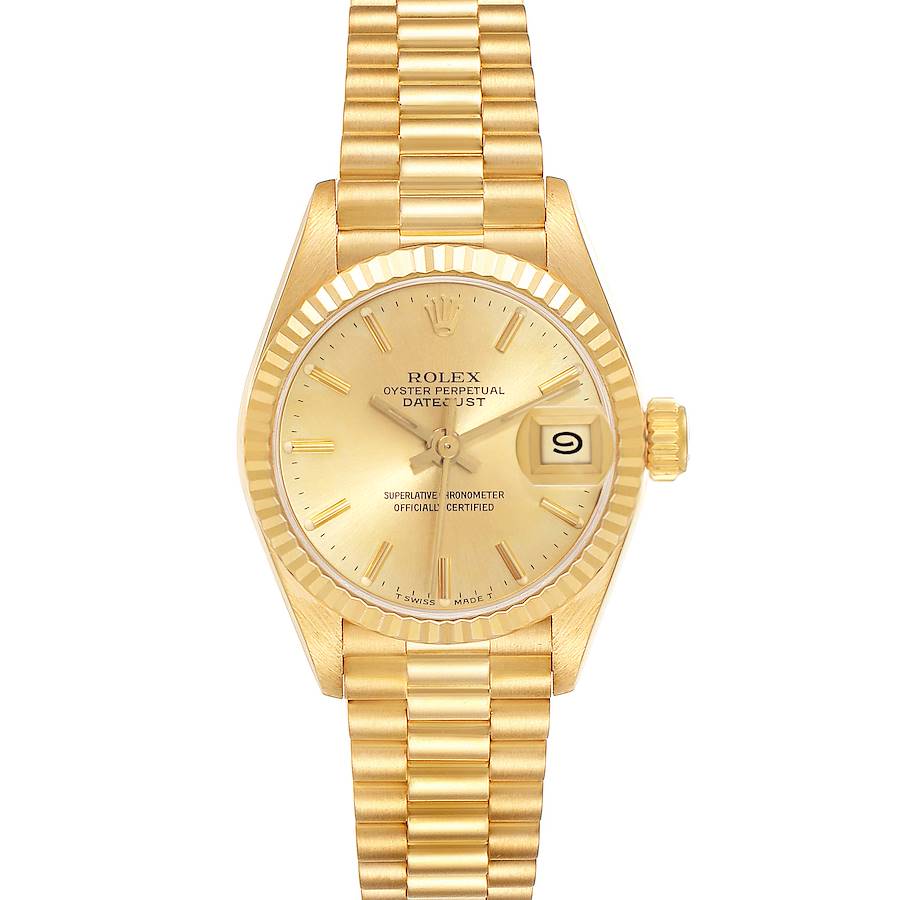 Ladies Rolex 26mm Presidential 18K Solid Yellow Gold Wristwatch w/ Gold Diamond Dial & Fluted Bezel. (Pre-Owned)