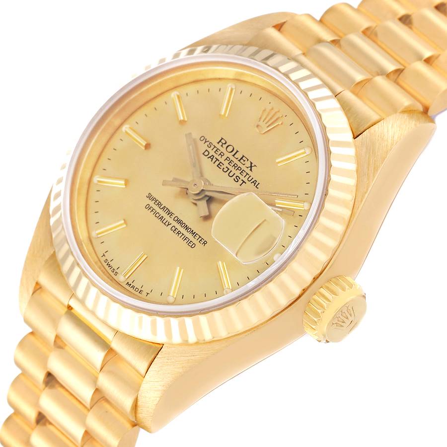 Ladies Rolex 26mm Presidential 18K Solid Yellow Gold Wristwatch w/ Gold Diamond Dial & Fluted Bezel. (Pre-Owned)