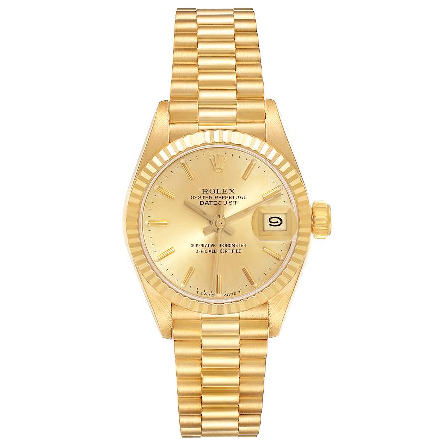 Ladies Rolex 26mm Presidential 18K Solid Yellow Gold Watch with Gold Diamond Dial and Fluted Bezel. (Pre-Owned)