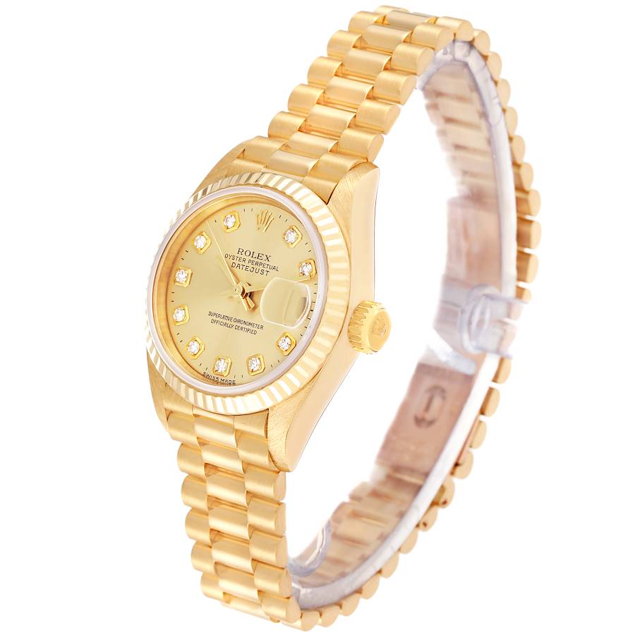 Ladies Rolex 26mm Presidential 18K Yellow Gold Watch with Gold Diamond Dial and Fluted Bezel. (Pre-Owned 69178)