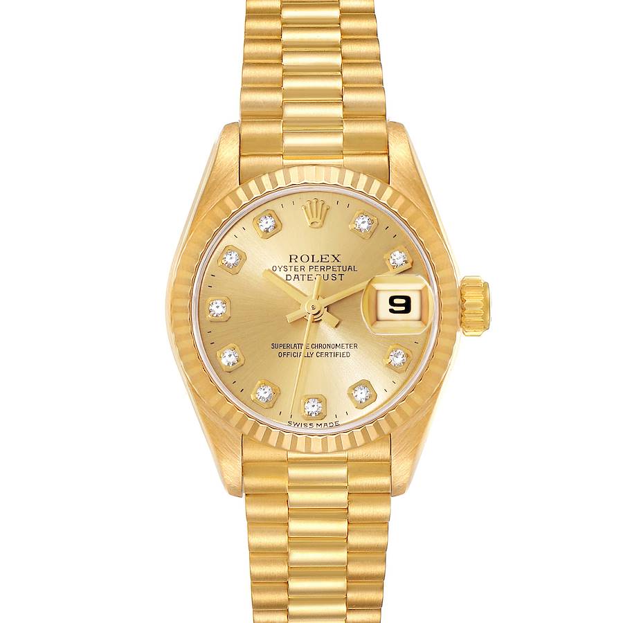 Ladies Rolex 26mm Presidential 18K Yellow Gold Wristwatch w/ Gold Diamond Dial & Fluted Bezel. (Pre-Owned 69178)