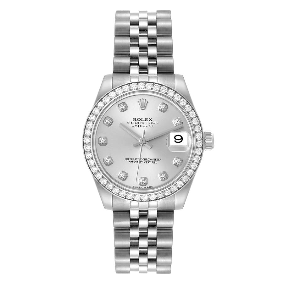 Ladies Rolex 31mm Midsize DateJust Stainless Steel Watch with Silver Diamond Dial and Diamond Bezel. (Pre-Owned 178384)