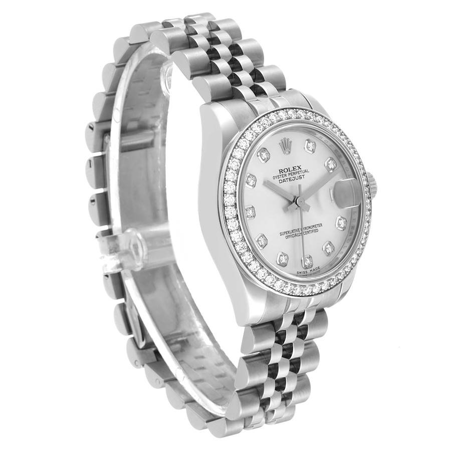 Ladies Rolex 31mm Midsize DateJust Stainless Steel Watch with Silver Diamond Dial and Diamond Bezel. (Pre-Owned 178384)
