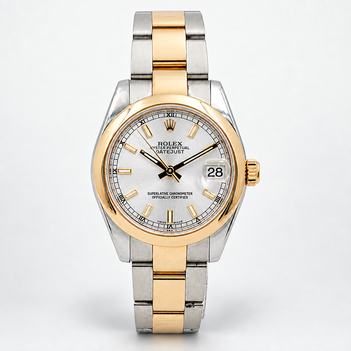 Ladies Rolex 31mm Midsize DateJust Two Tone 18K Rose Gold / Stainless Steel Watch with Silver Dial and Smooth Bezel. (Pre-Owned 178241)