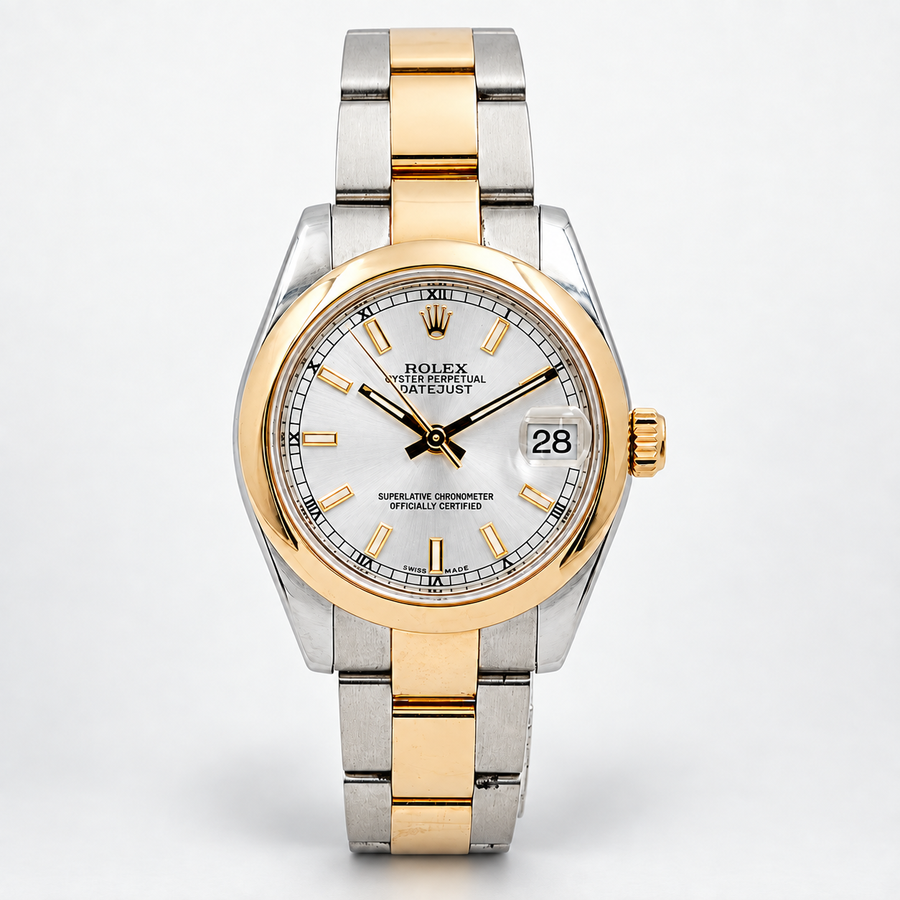 Ladies Rolex 31mm Midsize DateJust Two Tone 18K Rose Gold / Stainless Steel Watch with Silver Dial and Smooth Bezel. (Pre-Owned 178241)