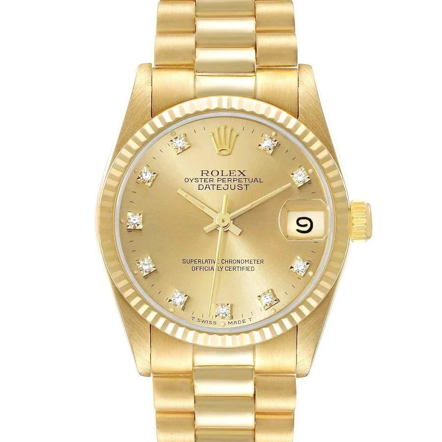 Ladies Rolex 31mm Midsize Presidential 18K Solid Yellow Gold Wristwatch w/ Champagne Diamond Dial & Fluted Bezel. (Pre-Owned 68278)