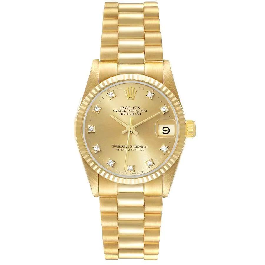 Ladies Rolex 31mm Midsize Presidential 18K Solid Yellow Gold Watch with Champagne Diamond Dial and Fluted Bezel. (Pre-Owned 68278)