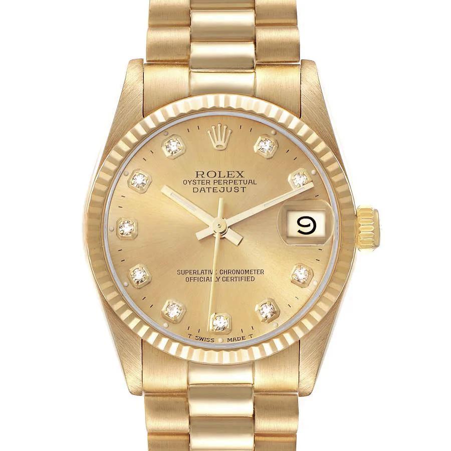Ladies Rolex 31mm Midsize Presidential 18K Solid Yellow Gold Watch with Champagne Diamond Dial and Fluted Bezel. (Pre-Owned)