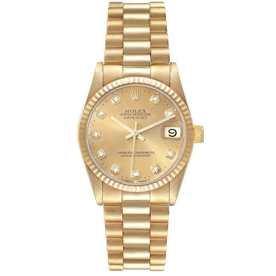 Ladies Rolex 31mm Midsize Presidential 18K Solid Yellow Gold Watch with Champagne Diamond Dial and Fluted Bezel. (Pre-Owned)