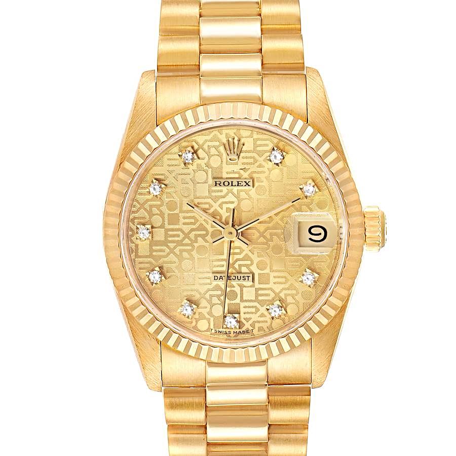Ladies Rolex 31mm Midsize Presidential 18K Solid Yellow Gold Watch with Champagne Anniversary Diamond Dial and Fluted Bezel. (Pre-Owned 68278)
