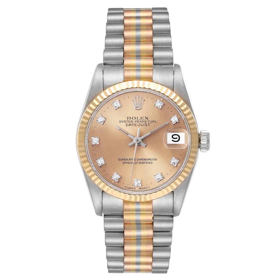 *Ladies Rolex 31mm Midsize Tridor Tri-Color Presidential 18K Rose / White Gold Watch with Bronze Diamond Dial and Fluted Bezel. (Pre-Owned Box/Paper 68279)