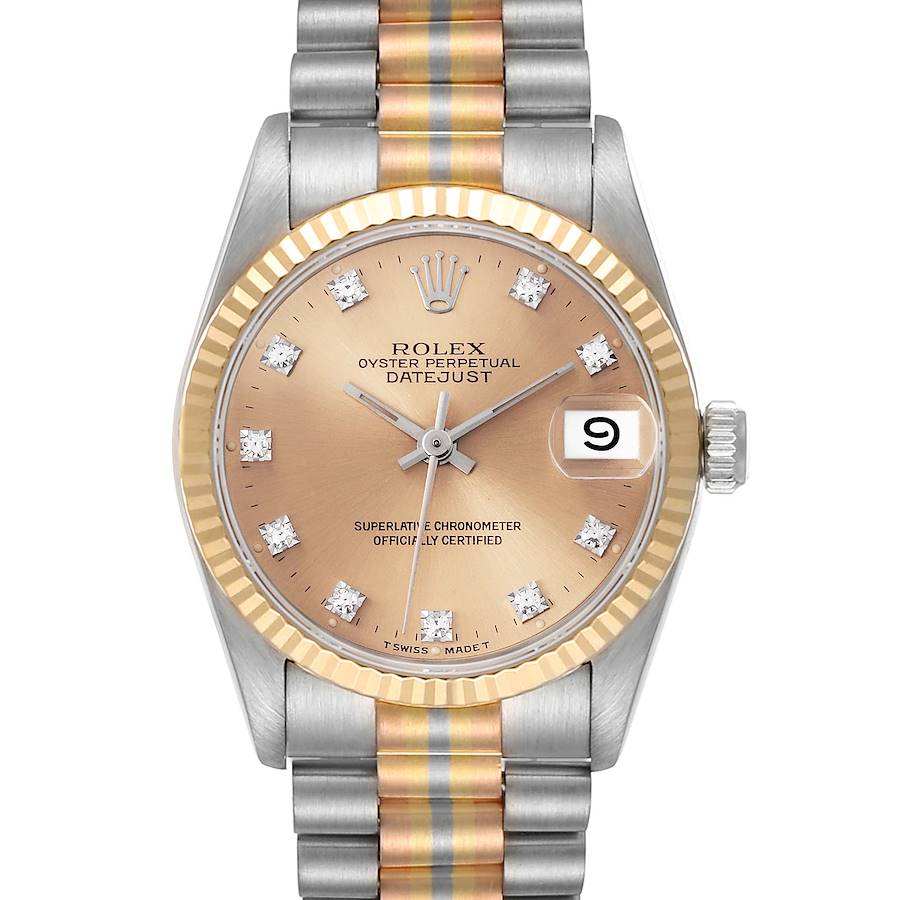 *Ladies Rolex 31mm Midsize Tridor Tri-Color Presidential 18K Rose / White Gold Watch with Bronze Diamond Dial and Fluted Bezel. (Pre-Owned Box/Paper 68279)