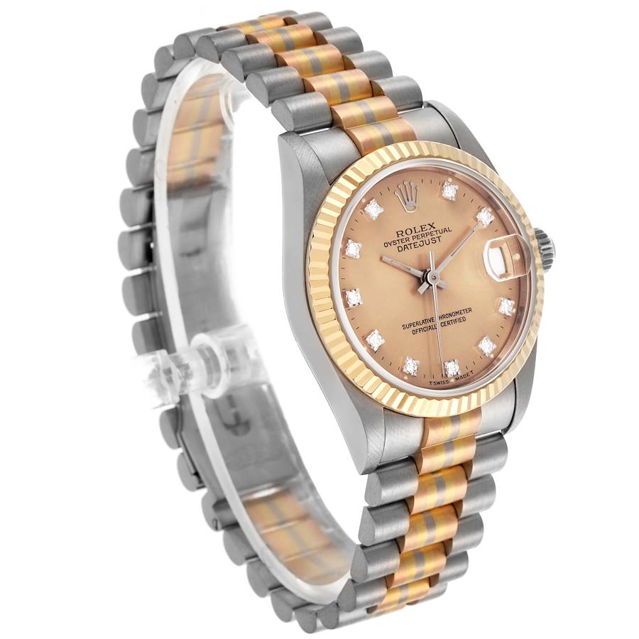 *Ladies Rolex 31mm Midsize Tridor Tri-Color Presidential 18K Rose / White Gold Watch with Bronze Diamond Dial and Fluted Bezel. (Pre-Owned Box/Paper 68279)