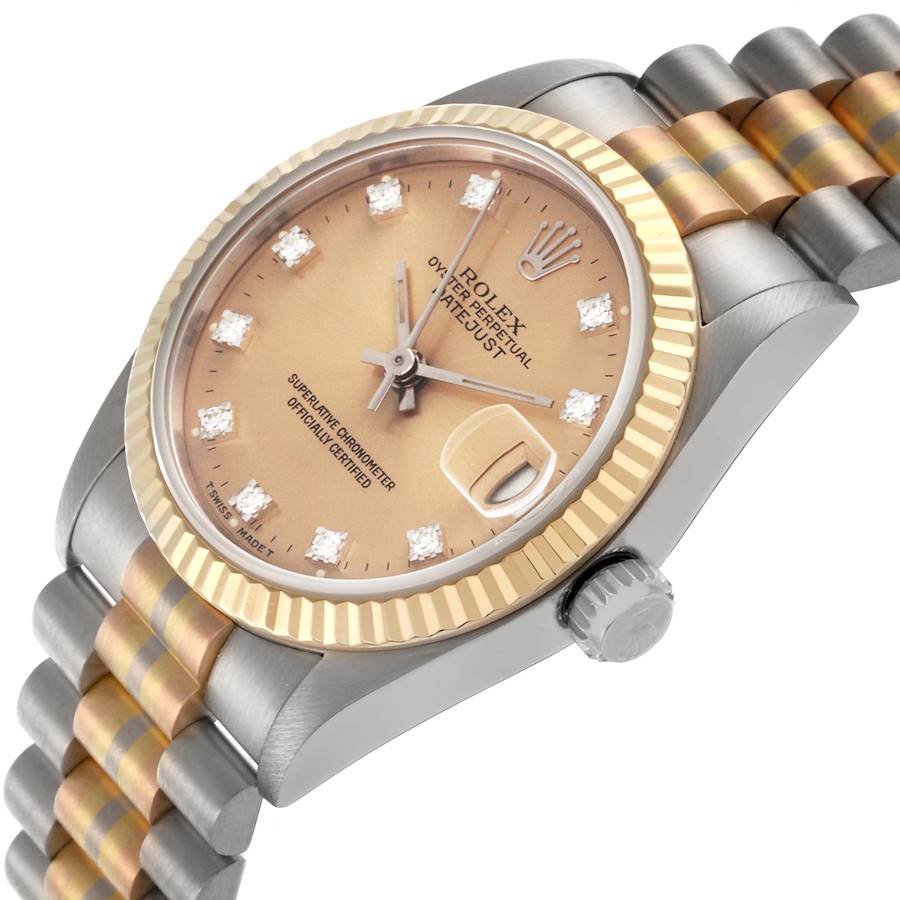 *Ladies Rolex 31mm Midsize Tridor Tri-Color Presidential 18K Rose / White Gold Watch with Bronze Diamond Dial and Fluted Bezel. (Pre-Owned Box/Paper 68279)