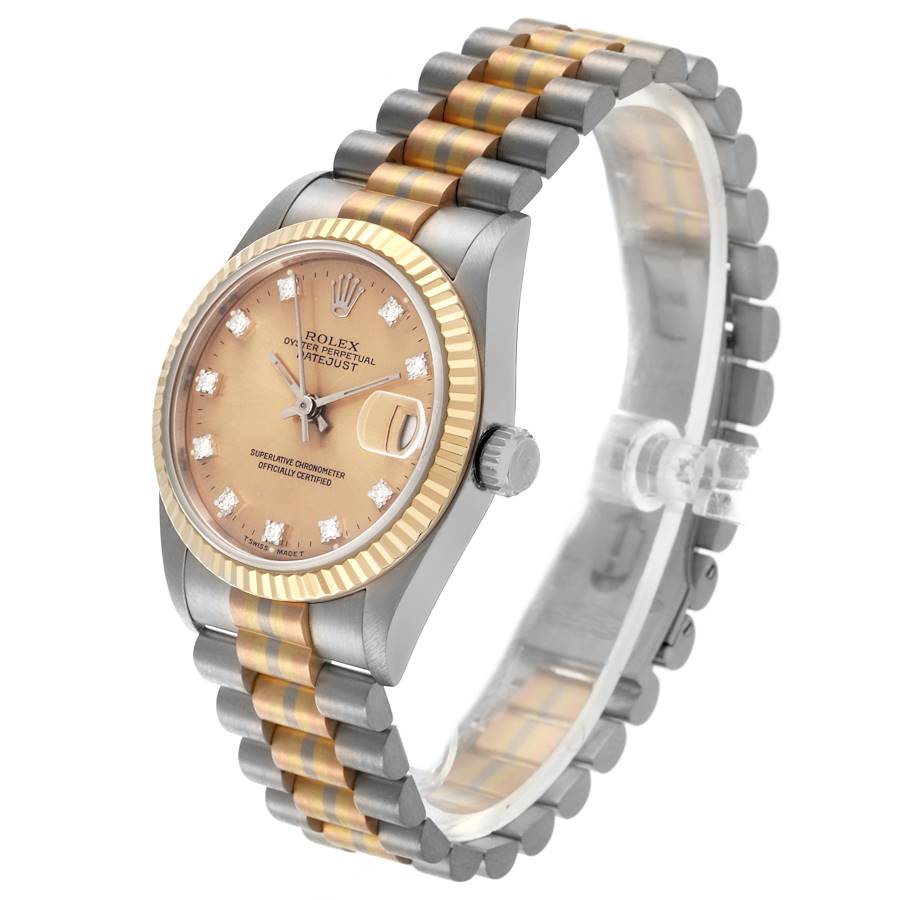 *Ladies Rolex 31mm Midsize Tridor Tri-Color Presidential 18K Rose / White Gold Watch with Bronze Diamond Dial and Fluted Bezel. (Pre-Owned Box/Paper 68279)