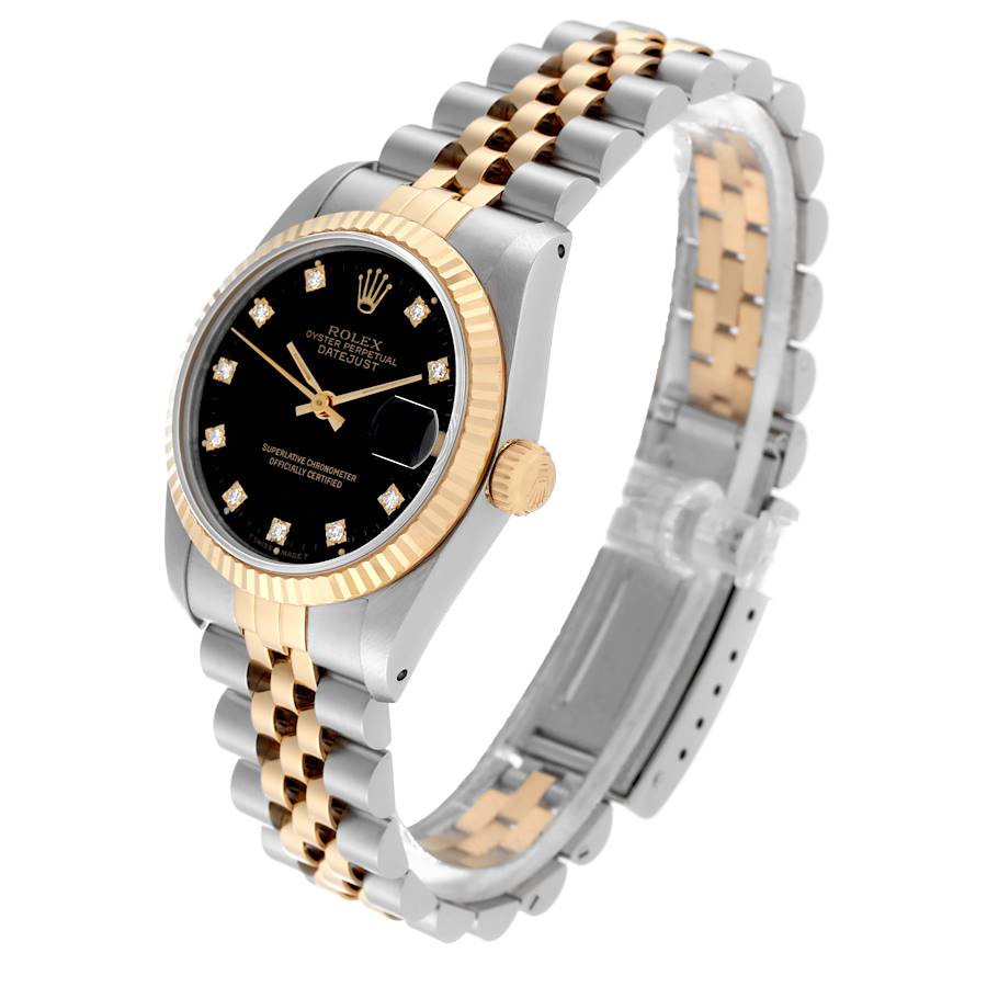 Ladies Rolex Midsize 31mm DateJust Two Tone 18K Yellow Gold / Stainless Steel Watch with Black Diamond Dial and Fluted Bezel. (Pre-Owned 68273)