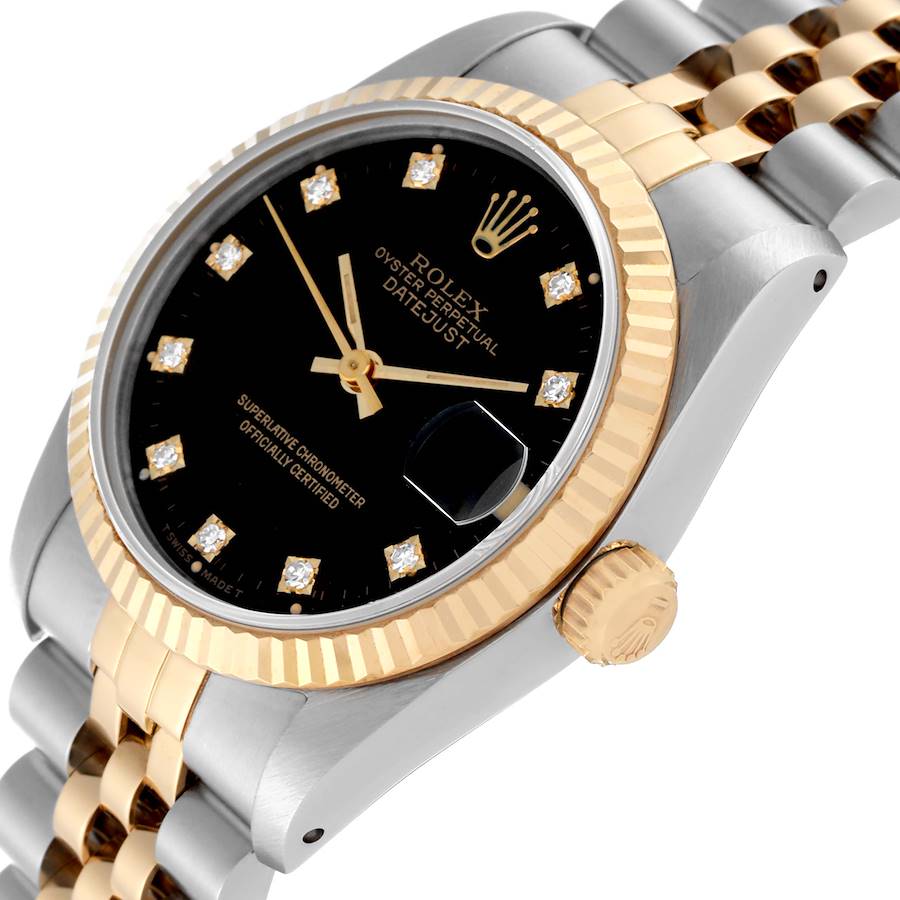 Ladies Rolex Midsize 31mm DateJust Two Tone 18K Yellow Gold / Stainless Steel Watch with Black Diamond Dial and Fluted Bezel. (Pre-Owned 68273)