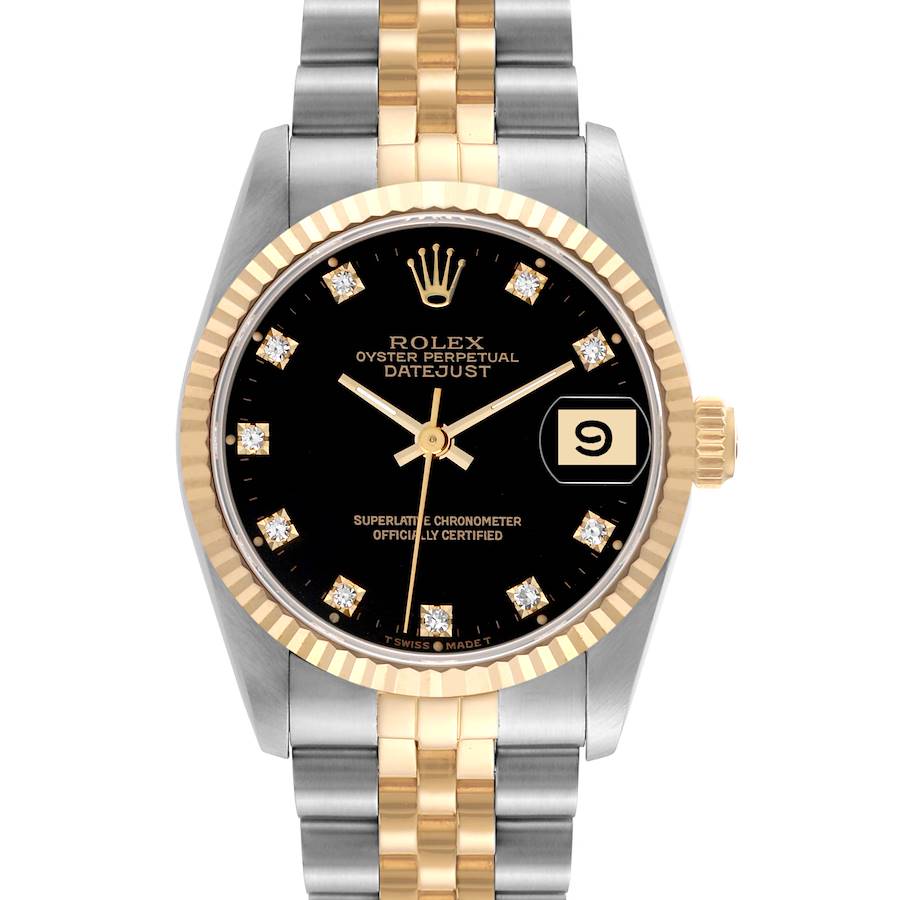 Ladies Rolex Midsize 31mm DateJust Two Tone 18K Yellow Gold / Stainless Steel Watch with Black Diamond Dial and Fluted Bezel. (Pre-Owned 68273)