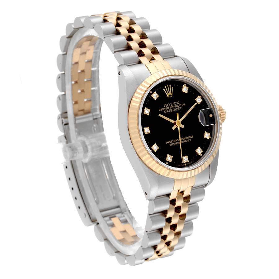 Ladies Rolex Midsize 31mm DateJust Two Tone 18K Yellow Gold / Stainless Steel Watch with Black Diamond Dial and Fluted Bezel. (Pre-Owned 68273)