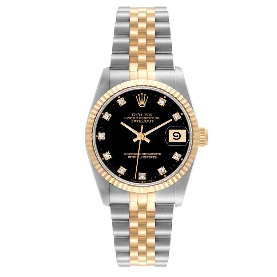 Ladies Rolex Midsize 31mm DateJust Two Tone 18K Yellow Gold / Stainless Steel Watch with Black Diamond Dial and Fluted Bezel. (Pre-Owned 68273)