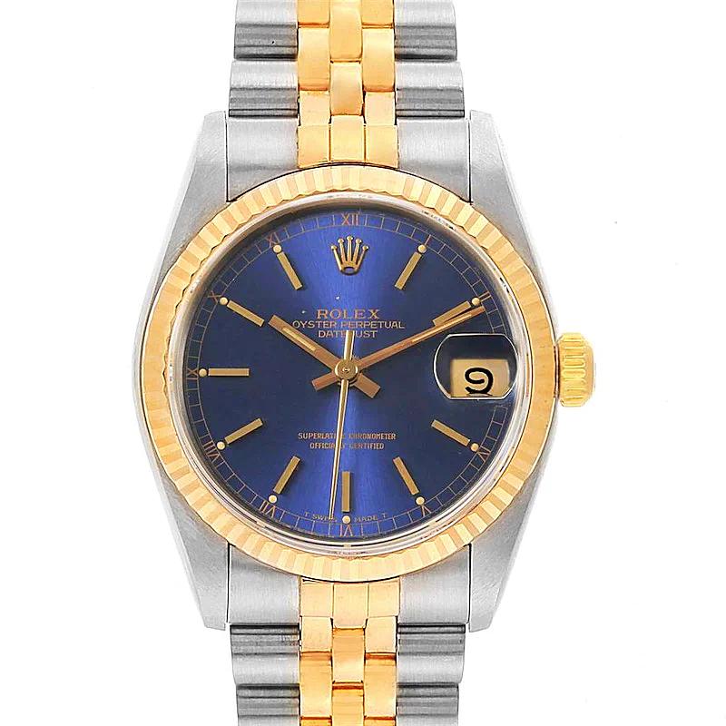 Ladies Rolex Midsize 31mm DateJust Two Tone 18K Yellow Gold / Stainless Steel Wristwatch w/ Blue Dial & Fluted Bezel. (Pre-Owned 68273)